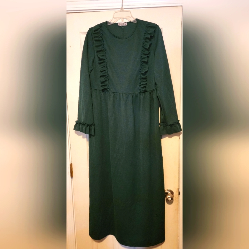 Zenane emerald green ruffle bodice and sleeve maxi dress sz 14